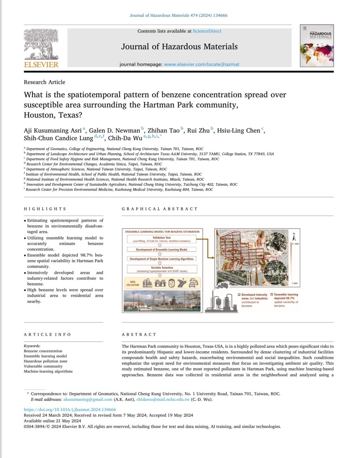 新利18软件官网測量系教授吳治達團隊進行美國休士頓社區苯汙染研究，成果刊登在國際期刊上。